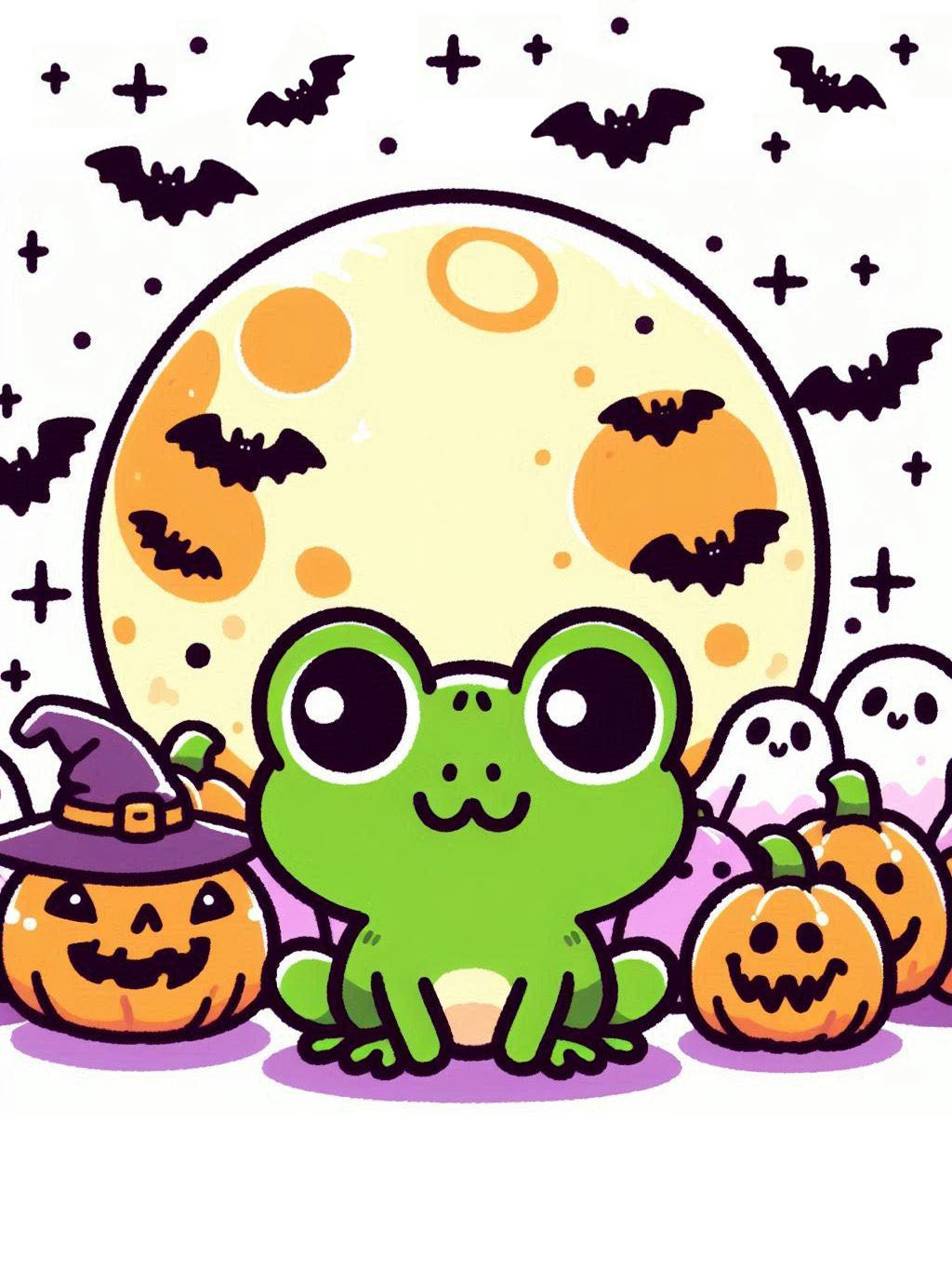 halloween frog drawing ideas, featuring a cheerful green frog against a whimsical backdrop of a glowing moon, flying bats, and playful ghosts.